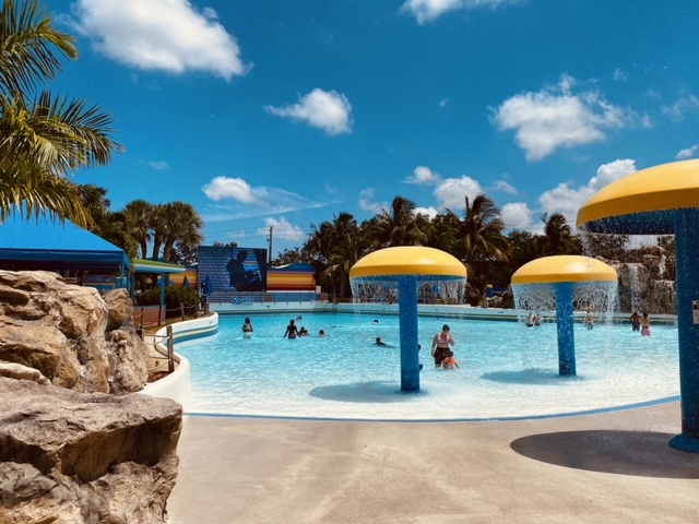 People lounging in the wave pool watching at dive-in move