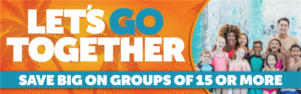 Groups Header 15 or More Lets go together groups save big on their next trip to rapids on an orange background with a happy group