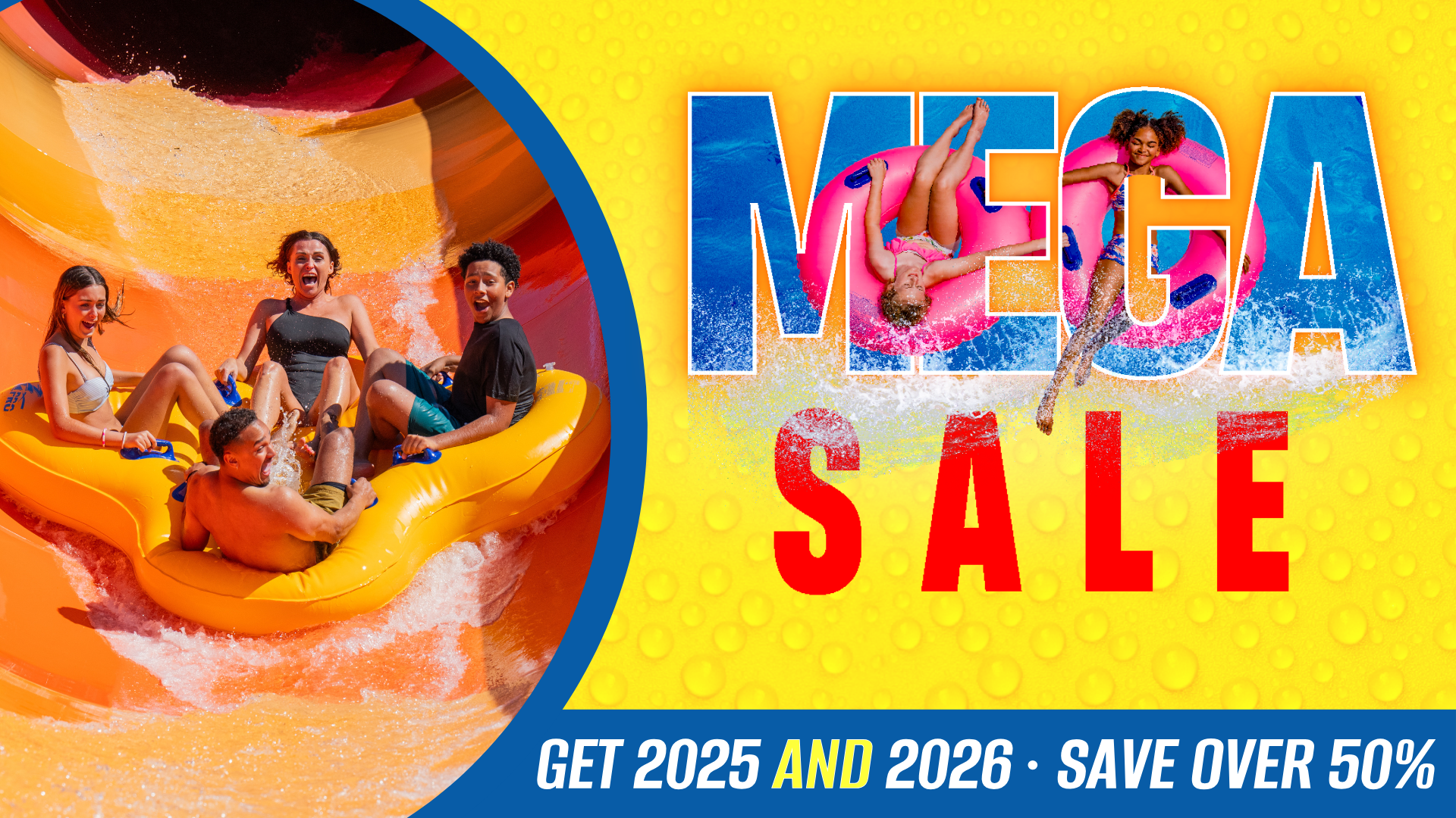 Lets go all season on a yellow background with Unlimited Visits Free Parking and Free Friend Benefits called out on a Gold Season pass card graphic with $99.99 price