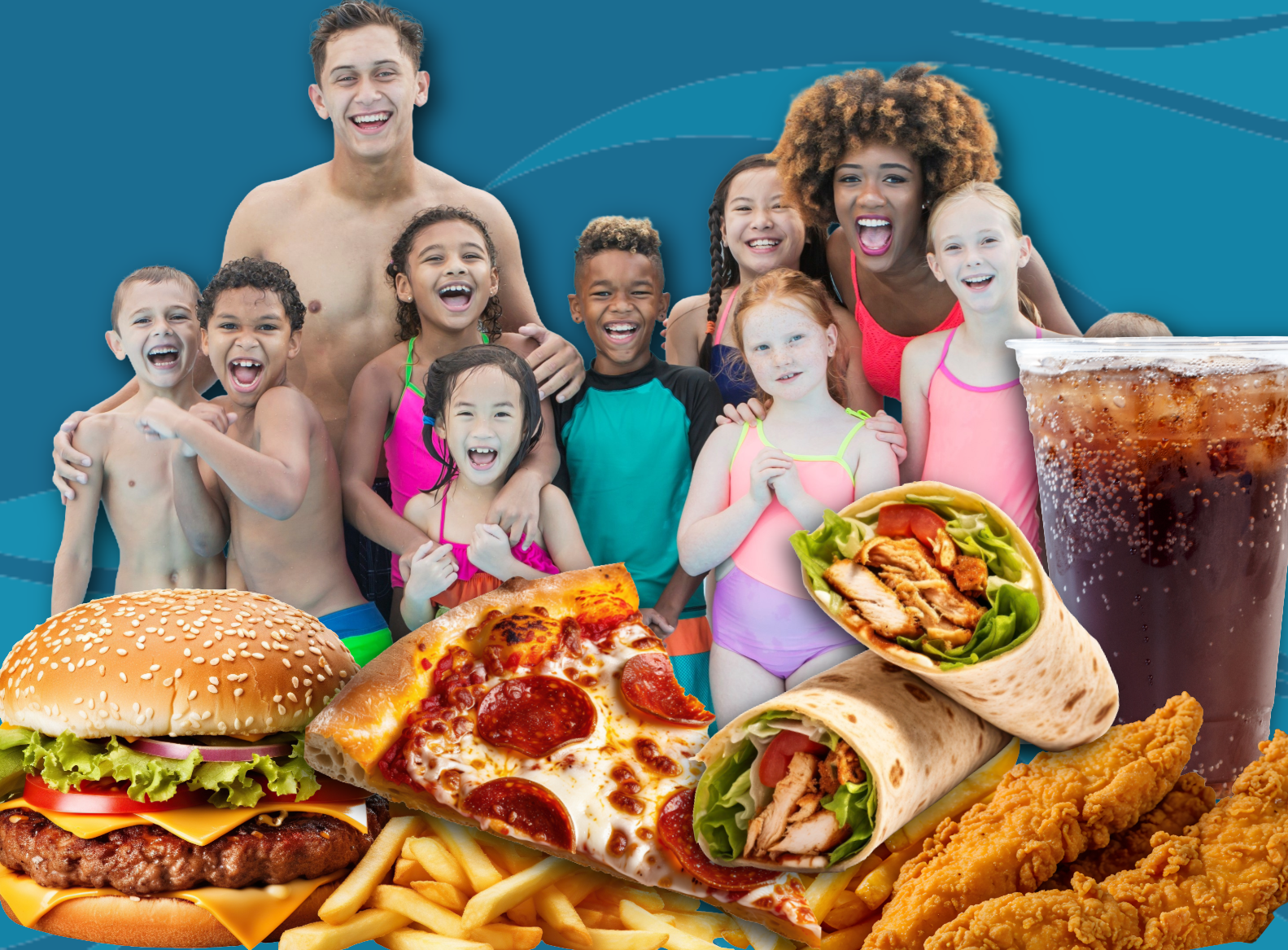 Group on blue background with pizza, salad, fries, burger, drink and wrap with group eat & play deal text