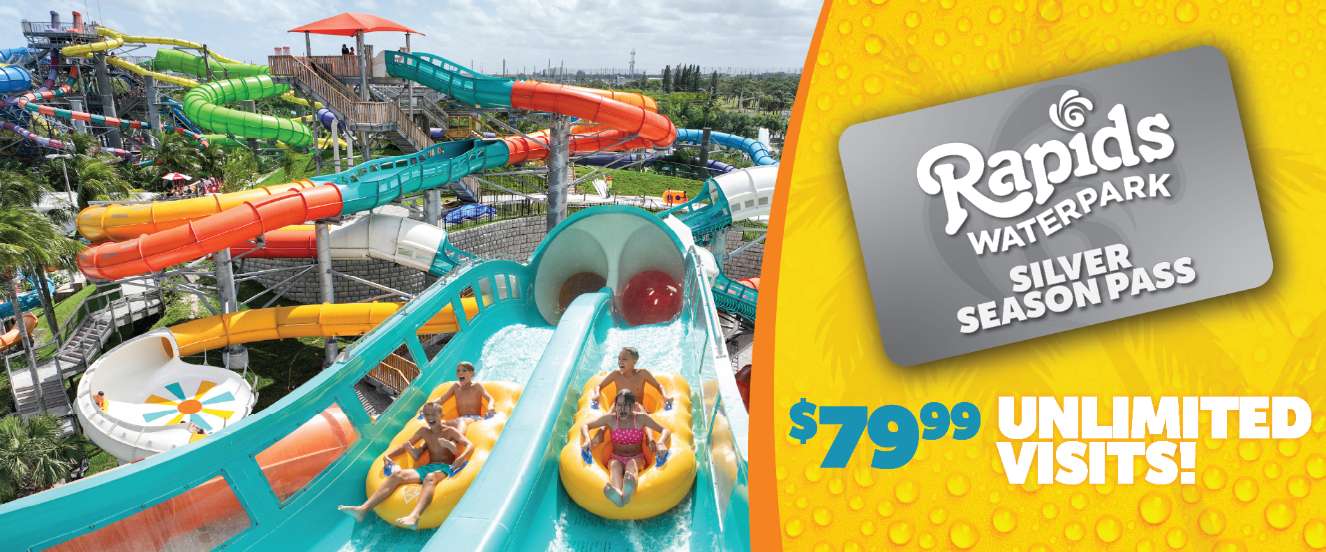 Silver Season Pass on yellow background with blue text and white text of 79.99 Unlimited Visits with picture of Mega Mayhem watercoaster