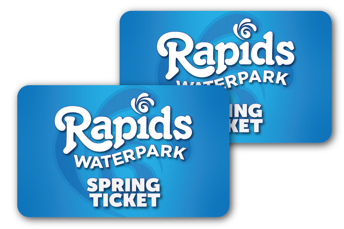 2 boletos azules que dicen "boleto de primavera para el parque acuático Rapids"