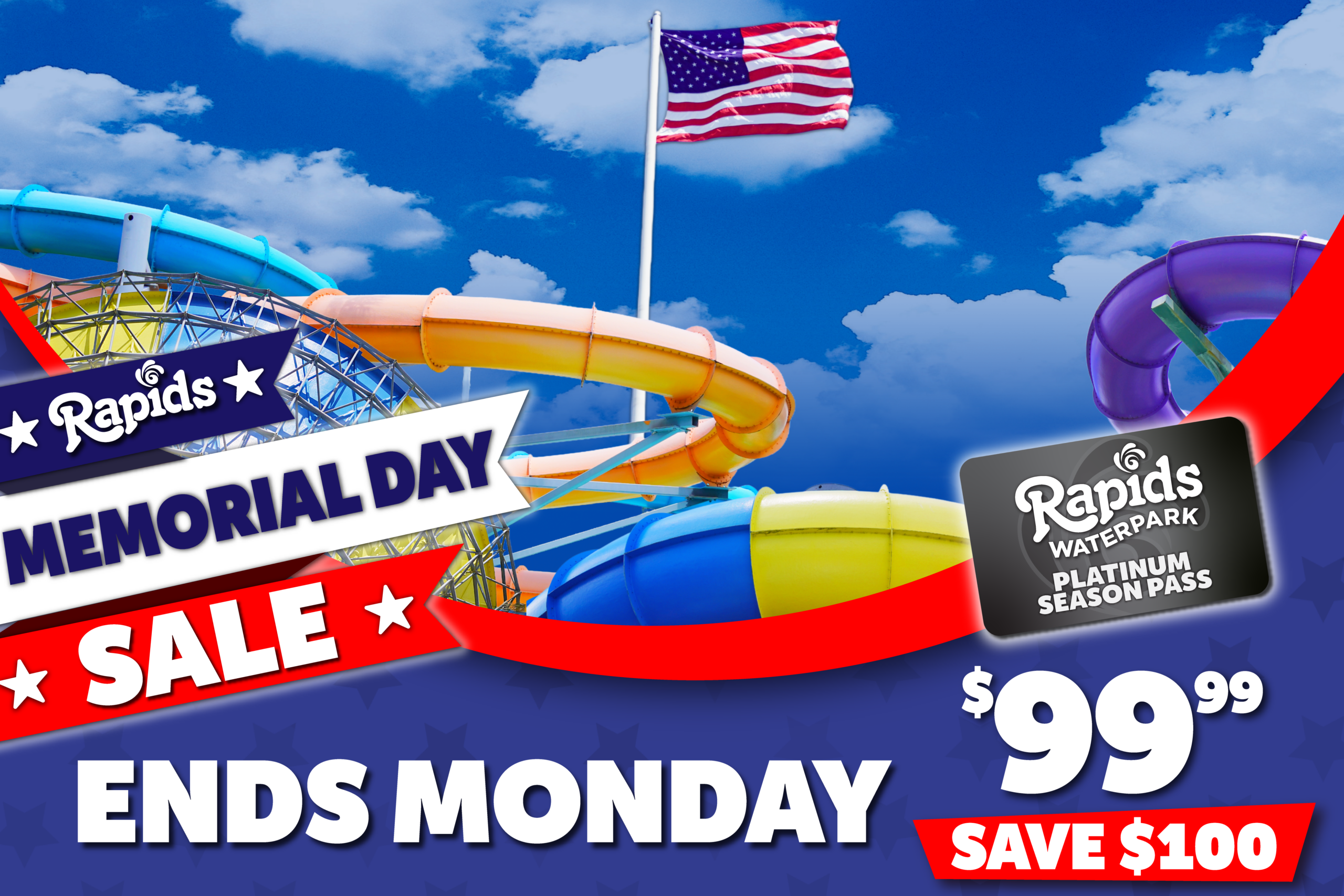 Memorial Day Season Pass Sale GFX red, white, and blue