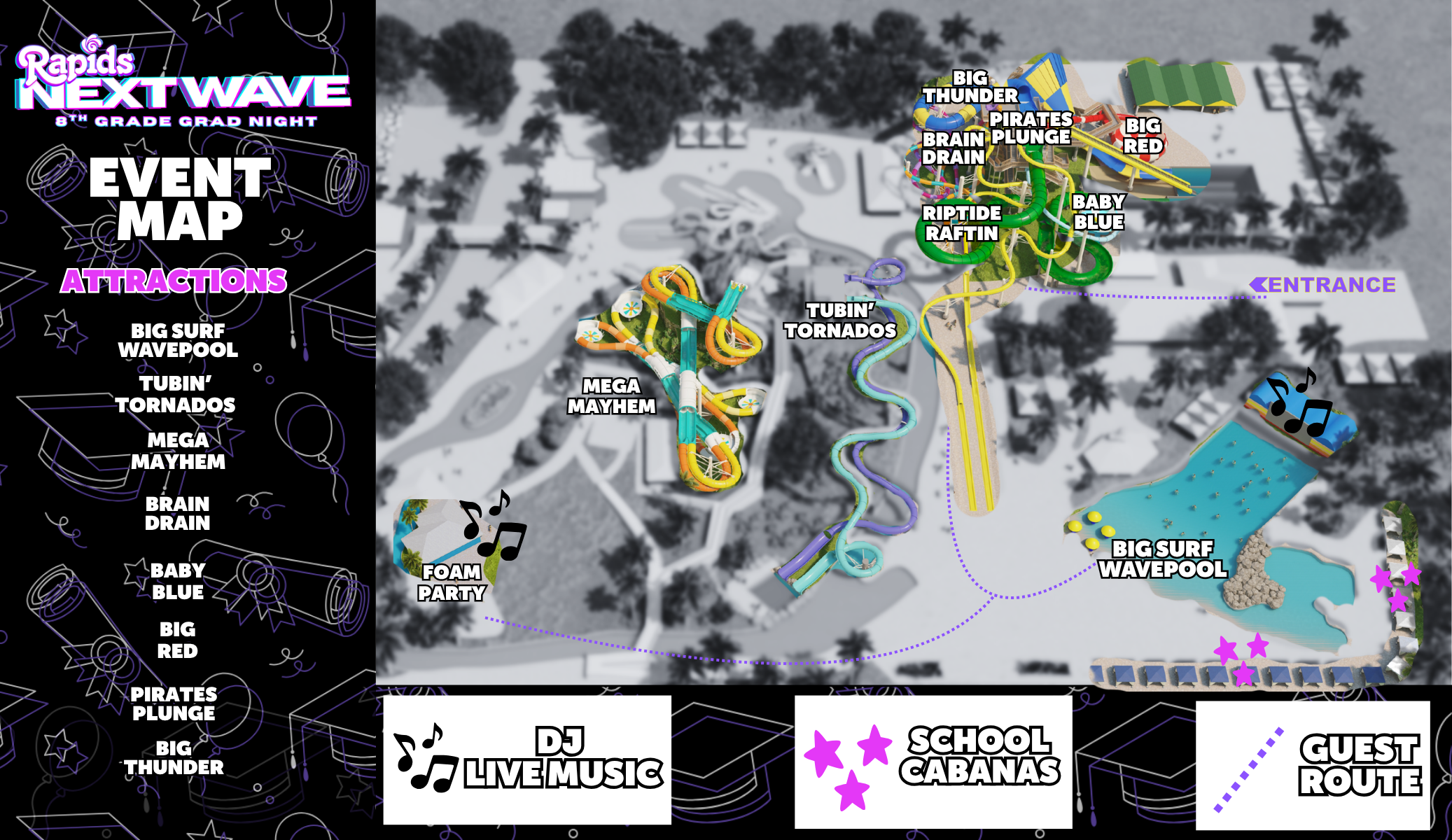 Rapids Waterpark layout showing attractions open for the Next Wave Grad Night event